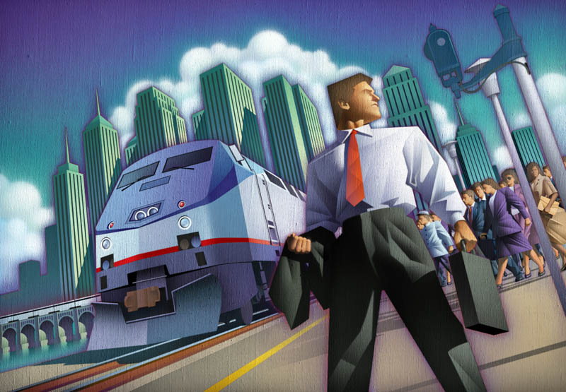 Faux Traditional-Businessman with Train Illustration