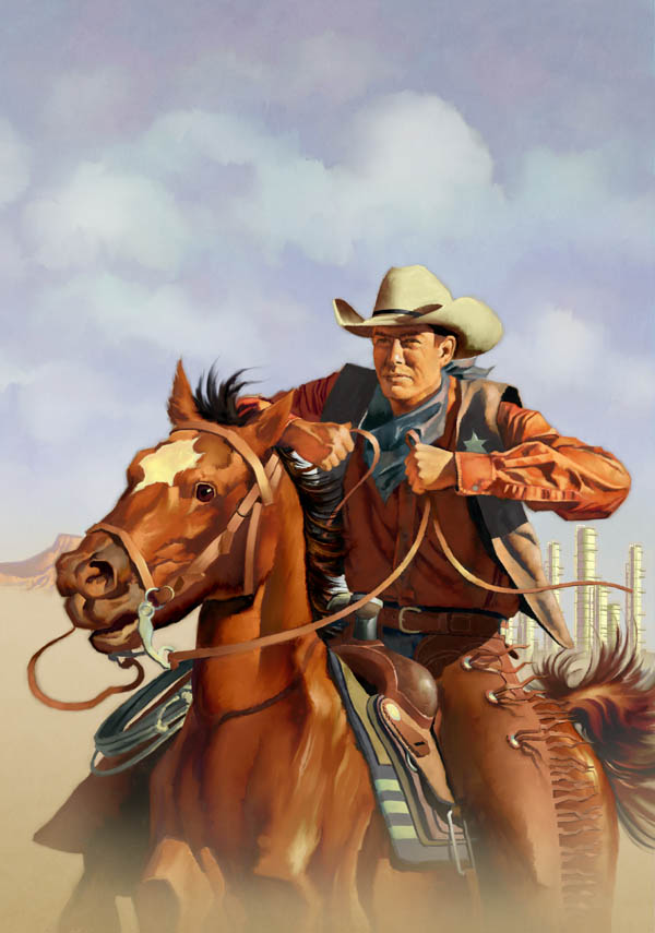 Faux Traditional-Cowboy Riding Horse Illustration