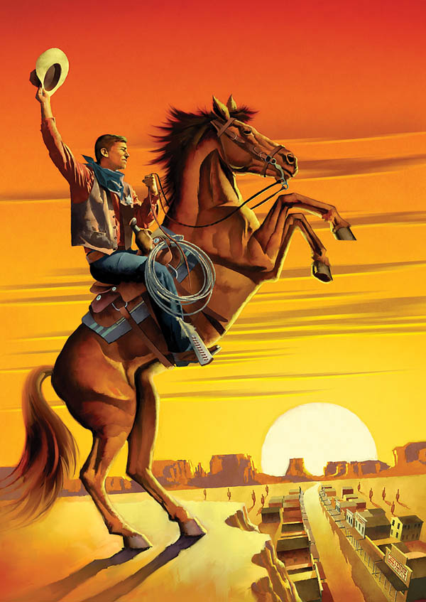 Faux Traditional-Cowboy Horse Sunset Illustration