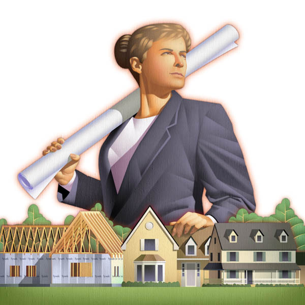 Faux Traditional-Woman Architect with Plans and Houses Illustration