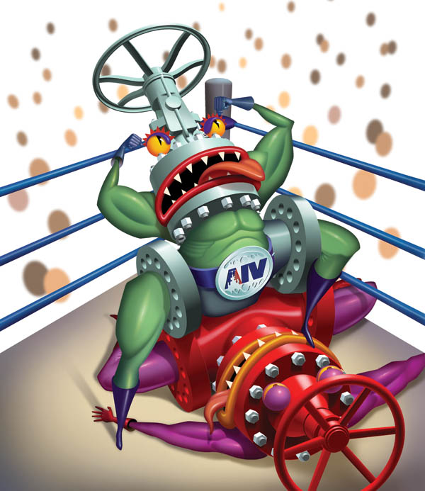 Humorous-Wrestling Valves Illustration